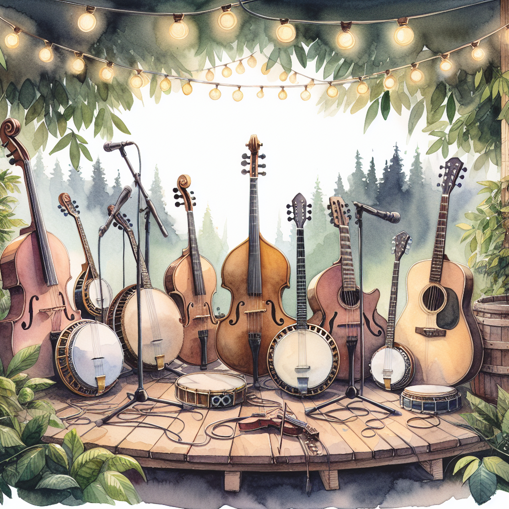 Artistic rendition of the instrumental heart of the festival, showcasing the diversity of bluegrass music.