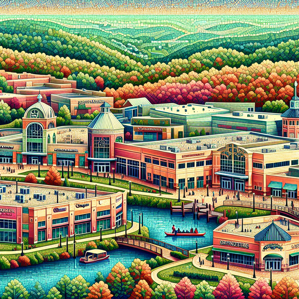 A mosaic encapsulating Branson's standout shopping destinations, offering a variety of experiences from entertainment complexes to quaint outlets.